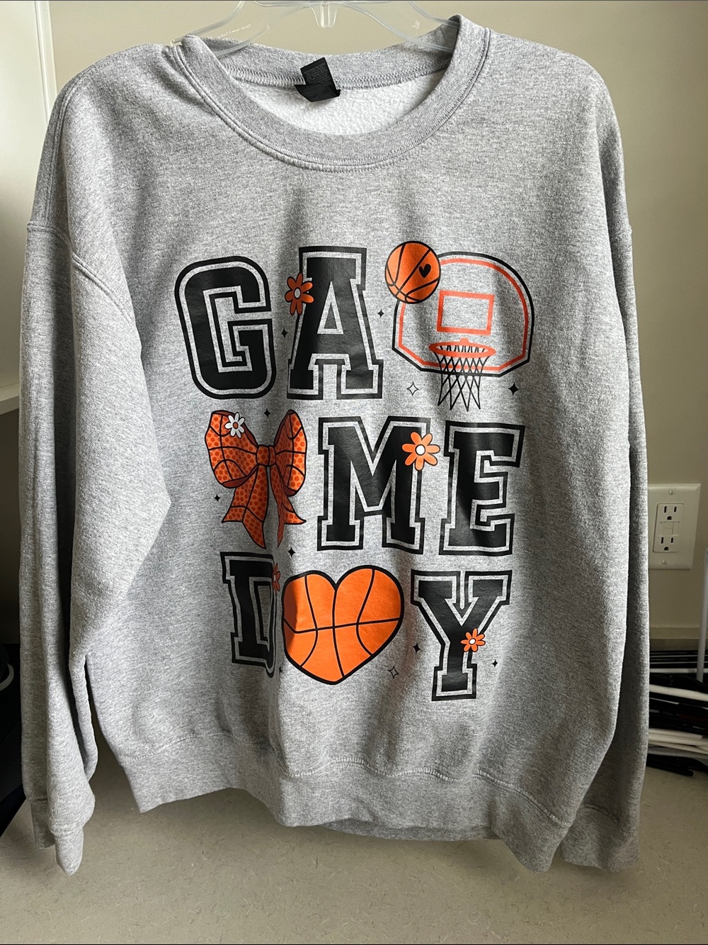 Gildan Gray Sweatshirt with Black Lettering and Orange Basketball Graphics